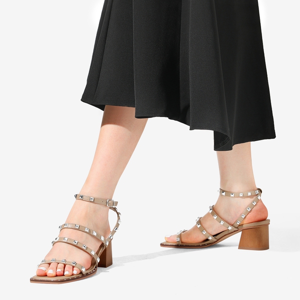 Clear Rhinestone Strappy Chunky Heels - NUDE PU RIVET - 1